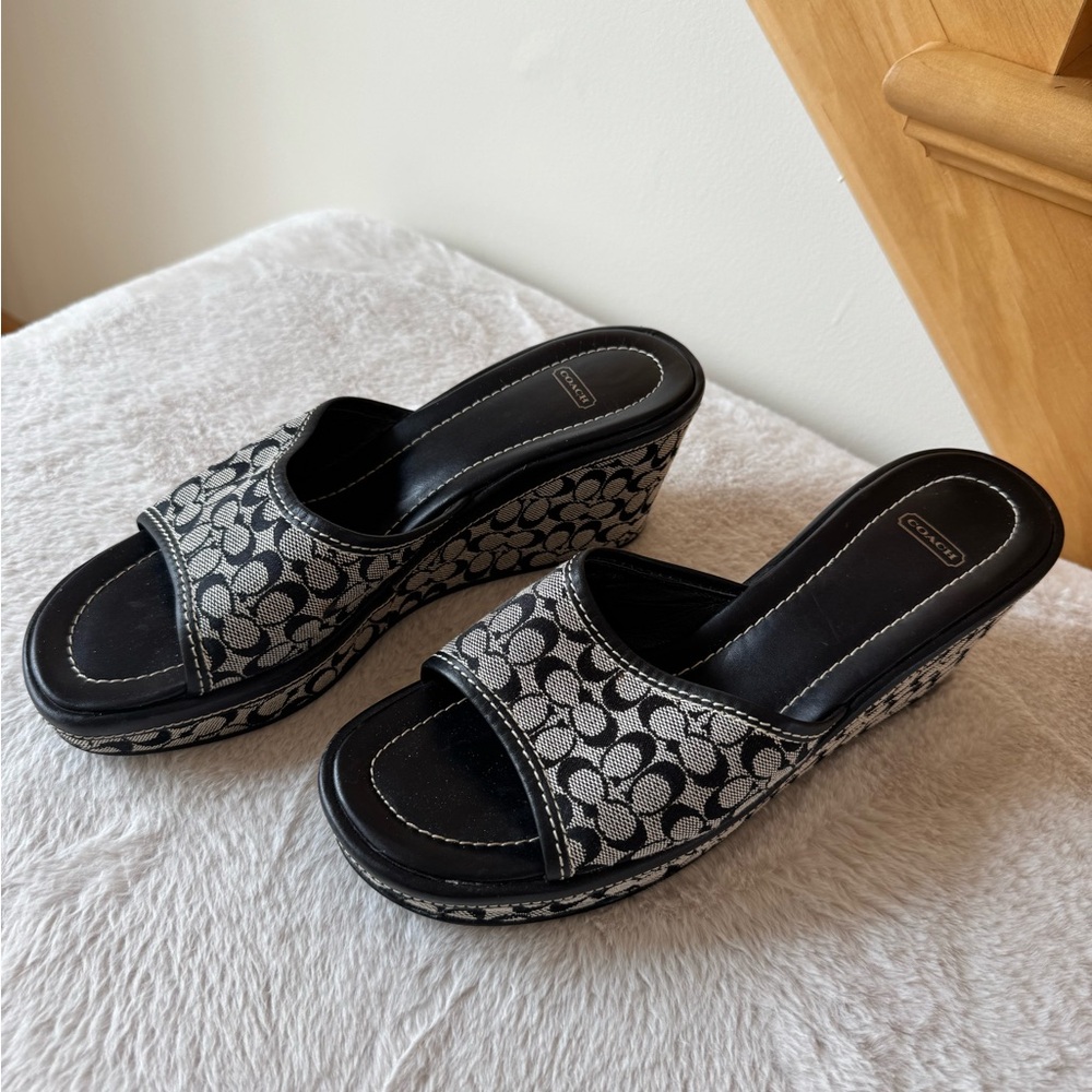 Coach Black and Gray Signature Canvas Wedge Slides